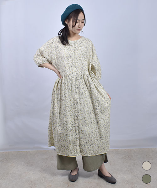 fu-ai 小花柄プリント ウエストギャザー6分袖 ワンピース