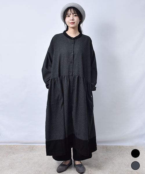 fu-ai スタンドカラー 裾切り替え 千鳥 ワンピース