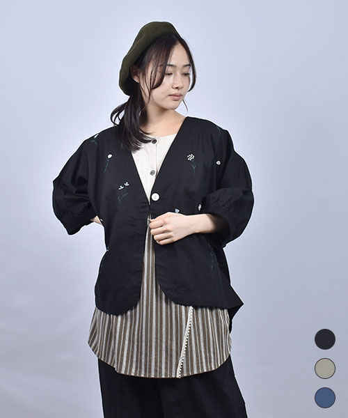 fu-ai 花刺繍 7部袖 袖口ゴム入り カーディガン