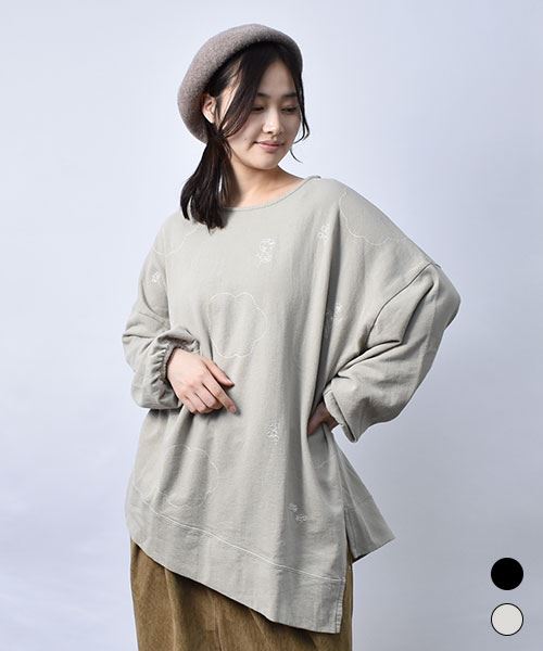 【スウェット トレーナー / 裏毛】 総柄刺繍 アシンメトリー トレーナー